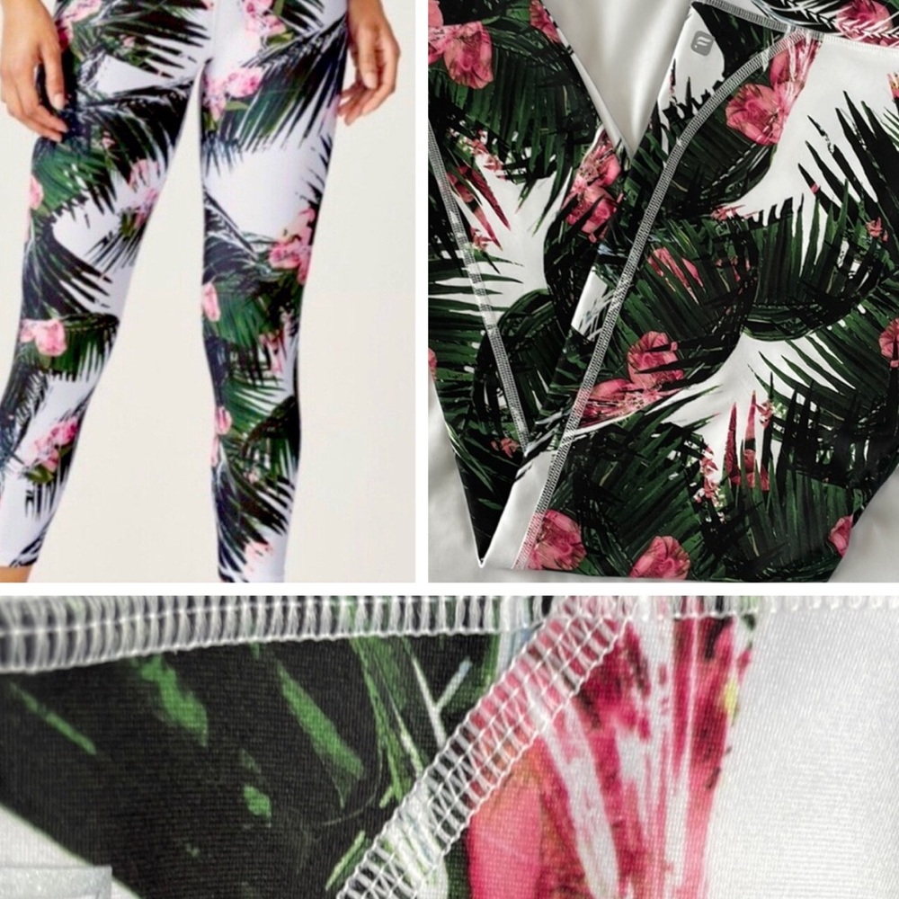 Fabletics High Waisted Powerhold Legging Tropical Floral White/Green Crop Size 8